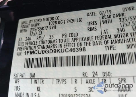 2019 Ford Escape Se z USA, uszkodzony, nr VIN 1FMCU0GD9KUC46398